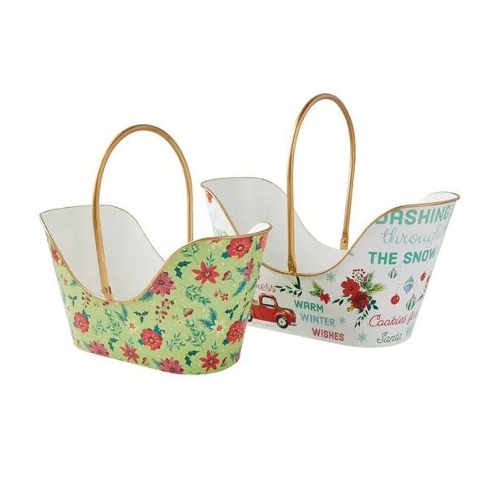 Pioneer Woman Holiday Metal Baskets 2Pc Set Christmas White & Green